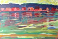 0659, Häuser am See, 65x50 cm, Acryl / Hartfaserplatte