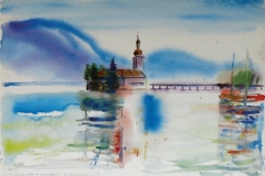 707, Schloss Orth, Traunsee, Aquarell, 57 x 38,5 cm