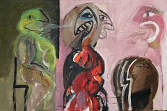 0385, Maskenmänner, 1974, 129,5x84,5 cm, Acryl / Hartfaserplatte