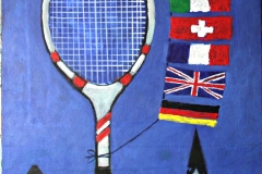 0086, Plakatentwurf Flaggen mit Tennisschläger, 1999, 65x80 cm, Acryl / Leinwand