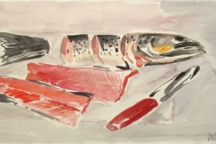 914, Lachsforelle mit Messer, Aquarell, 56 x 38 cm